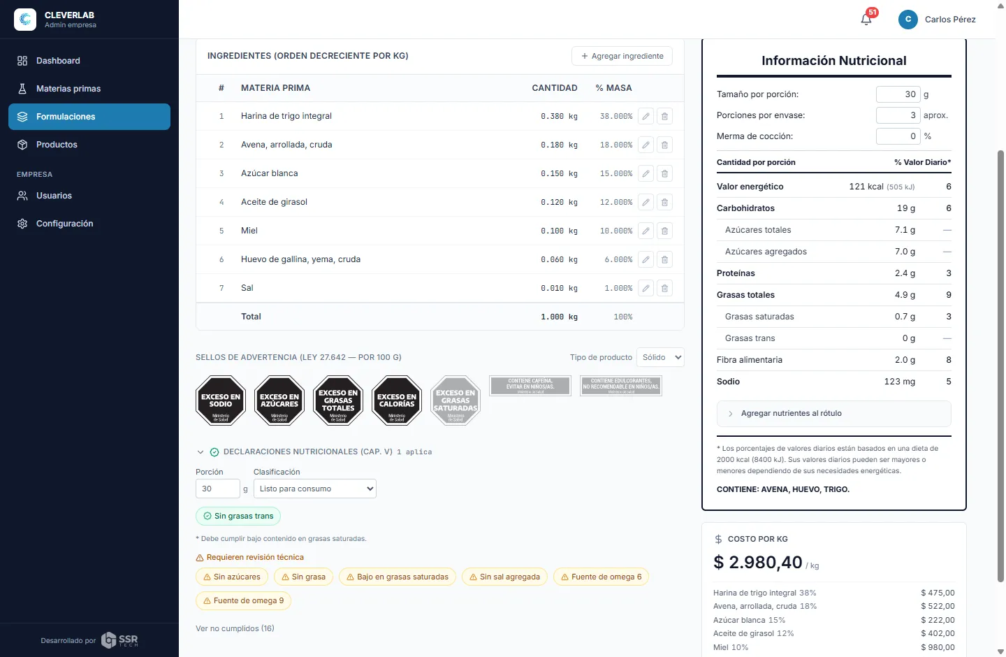 Editor de formulación de CLEVERLAB: lista de ingredientes con porcentajes, sellos de advertencia aplicados, tabla nutricional con valores diarios y costo por kilo.