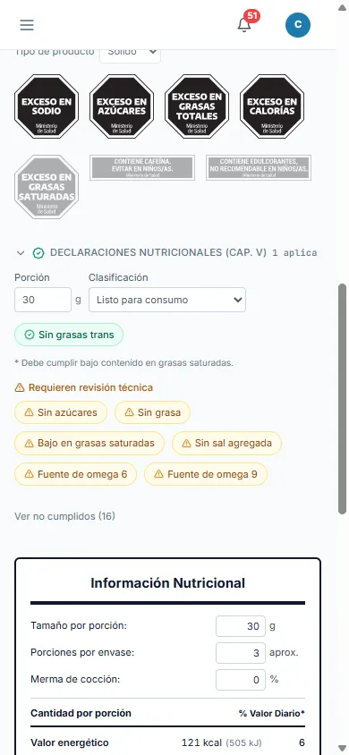 Editor de formulación de CLEVERLAB: lista de ingredientes con porcentajes, sellos de advertencia aplicados, tabla nutricional con valores diarios y costo por kilo. Vista en teléfono.
